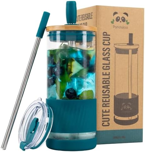 Pandaloo® Glass Cups With Lids and Straws -20 Fl Oz- Perfect Size Iced Coffee Cup - Smoothie Cup With Bamboo Lid and On the go Lid - Glass Tumbler With Straw (1 Count (Pack of 1), Intense Teal) by Pandaloo