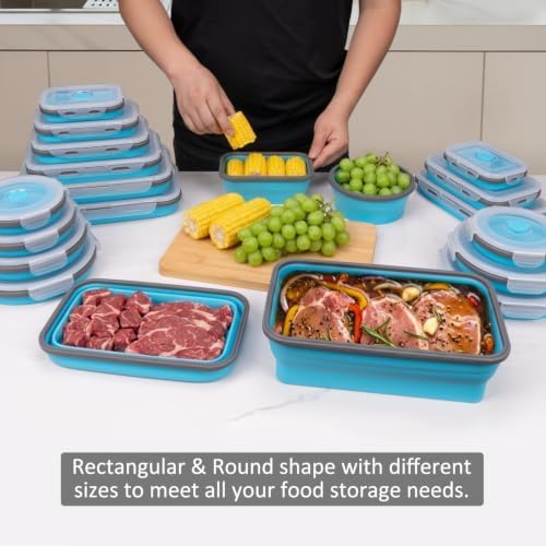 Collapsible Food Storage Containers with Lids 10 Pack(81oz/58oz Extra Large Included), 6 Rectangular+4 Round, Annaklin Silicone Collapsible Food Containers Sets Microwave Freezer Dishwasher Safe, Blue - Image 2