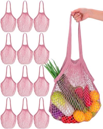 Eccliy 12Pcs Reusable Cotton Mesh Grocery Bag with Handle, Dark Pink, 10 in by Eccliy