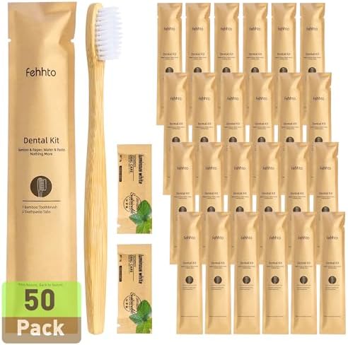 50 Pack Bamboo Toothbrushes with Toothpaste 6g Individually Wrapped by FEHHTOEco-friendlyLiving