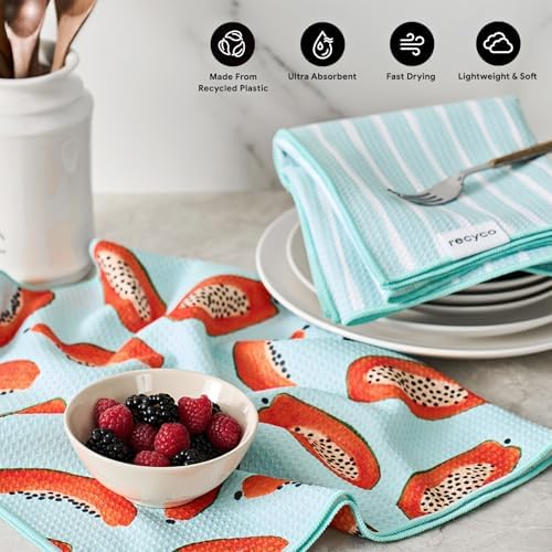 RECYCO Waffle Kitchen Towel Set of 2 - Quick Dry Microfiber Sustainable Dish Towels - Ultra Absorbent Reusable Cleaning Tea Towels - Lightweight Hand Towels,16”x 28”, Papaya Joy - Image 2