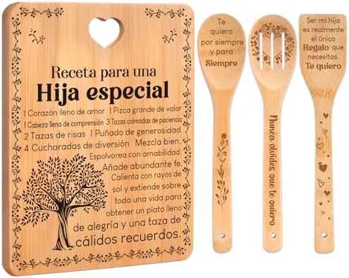 Regalos de cumpleaños para Hija - "Receta para una Hija especial". Juego de tablas de cortar y utensilios de bambú grabados. Regalos de cumpleaños para Hija. Spanish Daughter Cutting Board by Apjielop-GiftsMaster