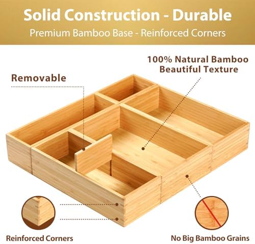 Umilife Drawer Organizer Storage Boxes, 2.5" High Bamboo Drawer Dividers, 5 Rearrangeable Bins for Kitchen, Office Desktop, Clothing, Makeup, vanity, Jewelry - Image 3