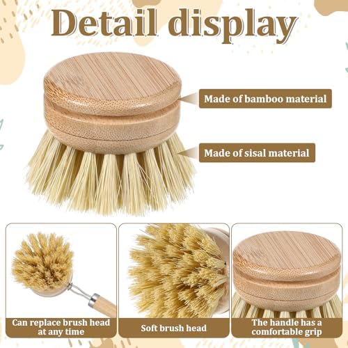 6 Pcs Bamboo Dish Brush Replacement Heads, 1.9 x 1.6 Inch Natural Sisal Bristle Scrubber Wooden Kitchen Dish Brushes for Pots, Pans, Bowls, Dishes Cleaning - Image 3