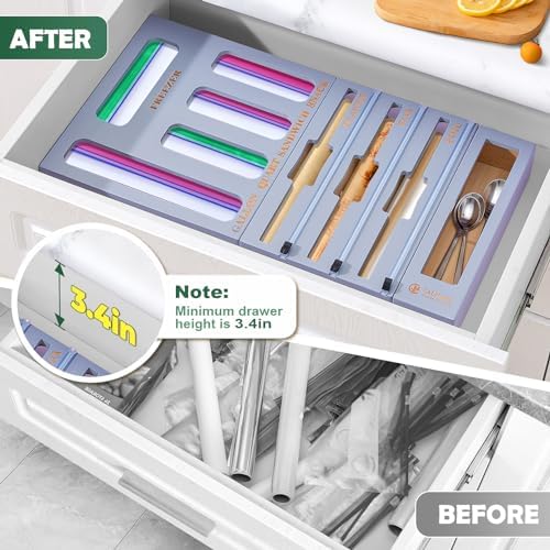 Calmbee 9 in 1 Bamboo Storage Bag Organizer for Kitchen Drawer – Plastic Wrap Dispenser with Cutter & Foil Organizer, Wooden Baggie Organizer for Sandwich, Snack, Gallon, Quart Sizes, Grey - Image 4