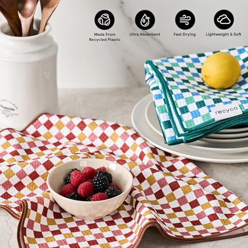 RECYCO Waffle Kitchen Towel Set of 2 - Quick Dry Microfiber Sustainable Dish Towels - Ultra Absorbent Reusable Cleaning Tea Towels - Lightweight Hand Towels,16”x 28”, Checkerboard Bliss - Image 2