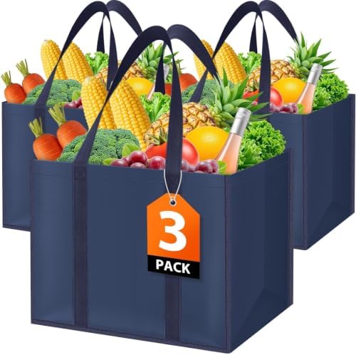 WISELIFE Reusable Grocery Bags, Foldable, Lasting Use, 35L, 3 Pack, Blue by WiseLife