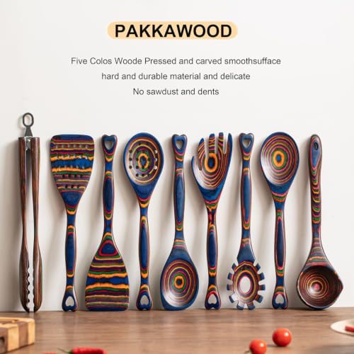 Gudamaye Pakkawood 9-Piece Rainbow Heart Wooden Utensils Set,Wooden Spoons with Soup Spoon and Wooden Tongs, Wooden Utensils for Cooking,Wooden Kitchen Tool, Home & Kitchen Gifts for Men and Women - Image 5