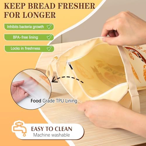 2 Packs Reusable Bread Bags for Homemade Bread, NFETLLD Homemade Sourdough Bags Storage Container Keep Loaf Fresh with Zipper & Clip Freezer Safe Extra Large 17x12 Inch - Image 3