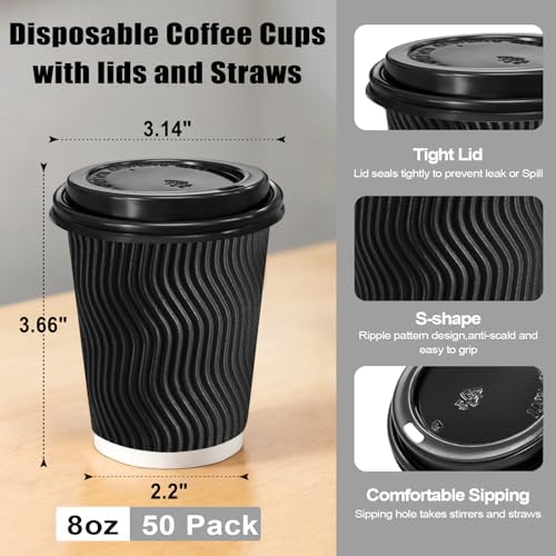 Lamosi 50 Pack 8 oz Coffee Cups with Lids, Disposable To Go Paper Cups - Image 2