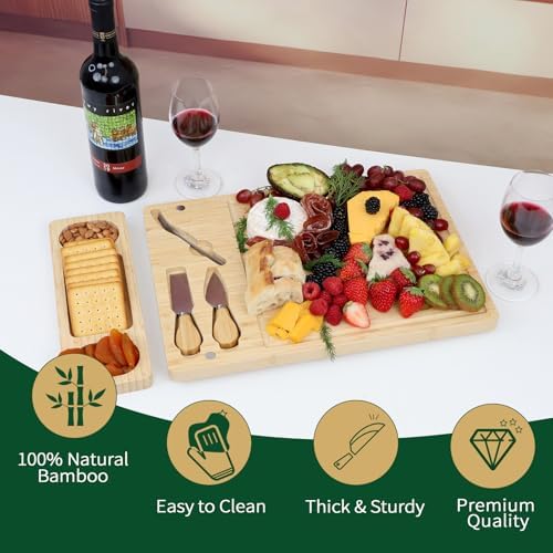 Premium Bamboo Cheese and Charcuterie Board Set - Large Wooden Serving Tray with Hidden Knife Storage, Cheese Knives & Forks - Perfect for Cheese, Meats, Fruits - Ideal Gift for Parties & Holidays - Image 3