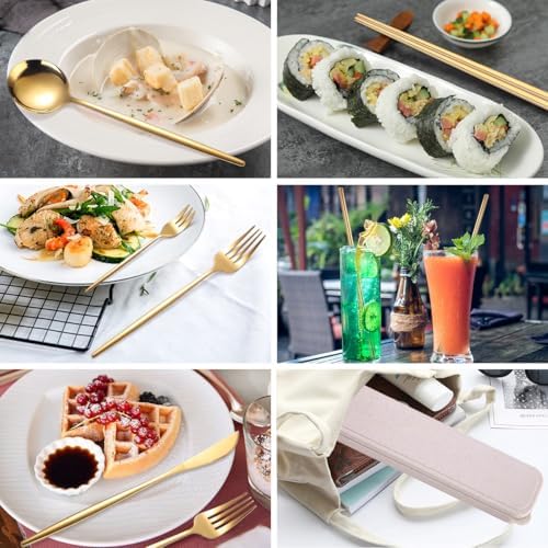 AARAINBOW 8 Pieces Stainless Steel Flatware Set Portable Reusable Cutlery Set Travel Utensils Set Including Chopsticks Knife Fork Spoon Straws Cleaning Brush Dishwasher Safe (Golden) - Image 5