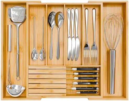 Bamboo Kitchen Silverware Drawer Organizer - Expandable Wood Utensil Holder with Dividers, Luxury Cutlery Storage Tray for Kitchen Utensil and Flatware (5-7 Slots with Removable Knife Block, Natural) by Bamfan
