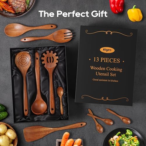 KLYRO 13 Pcs Wooden Cooking Utensil Set with Gift Box – Natural Wooden Spoons for Cooking & Serving, Nonstick Friendly, Perfect Housewarming & Holiday Gift - Image 5