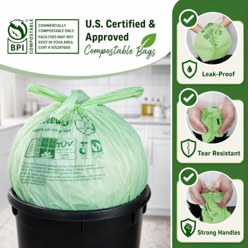 1.6 Gallon Certified Compostable Food Scrap Bags, Handle Tie (120 Bags), Small Kitchen Compostable Trash Bags, BPI Certified, TÜV OK Compost HOME Certified, Meets ASTM D6400 (120 ct.) - Image 4