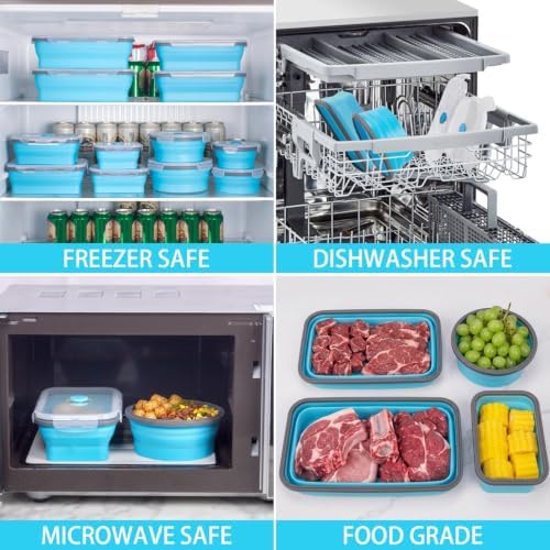Collapsible Food Storage Containers with Lids 10 Pack(81oz/58oz Extra Large Included), 6 Rectangular+4 Round, Annaklin Silicone Collapsible Food Containers Sets Microwave Freezer Dishwasher Safe, Blue - Image 5