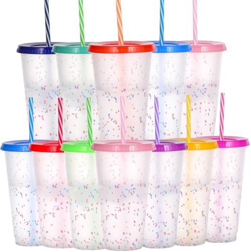 Color Changing Cups, 12 Pack 24oz Plastic Tumblers, Reusable Iced Coffee & Smoothie Cups with Lids and Straws for Parties and Travel (Rainbow, 12 Pack) by Alohastarttg