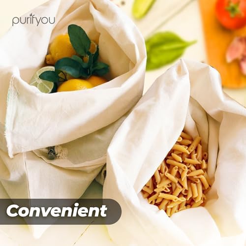 purifyou Set of 9 Mini Tote Bags with Drawstring, Reusable Organic Cotton Canvas Bags for Grocery Shopping, Dry Goods, Beach Essentials, Storage, and Travel, Washable (Large, XL) - Image 6