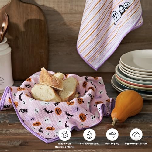 RECYCO Halloween Waffle Kitchen Towel Set of 2 - Quick Dry Microfiber Sustainable Dish Towels - Absorbent Reusable Cleaning Tea Towels - Lightweight Hand Towels,16”x 28”, Pink Boo - Image 3