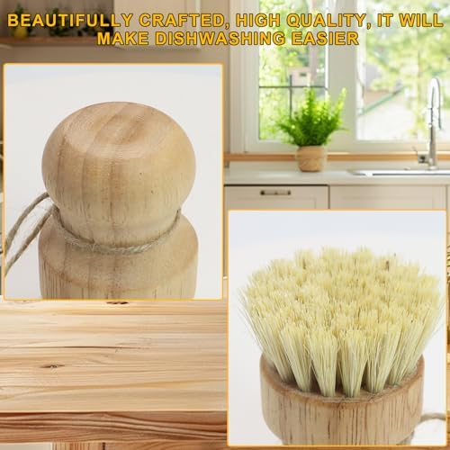Bamboo Dish Brush,2PCS Wood Dishes Scrub Brush,Kitchen Dish Brush Natural Sisal Bristles with Hook for Cleaning Dishes,Sink, Cast Lron Pan/Pot - Image 3