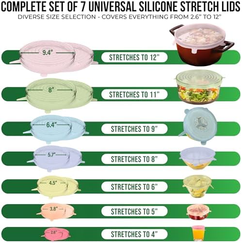 Reusable Silicone Stretch Lids for Food Storage in Fridge - Elastic Heat-Resistant Bowl Covers, Cups, Cans, Jars - Universal Food Grade Lid for Round and Rectangle Containers - 7 Pack - Colorful - Image 2