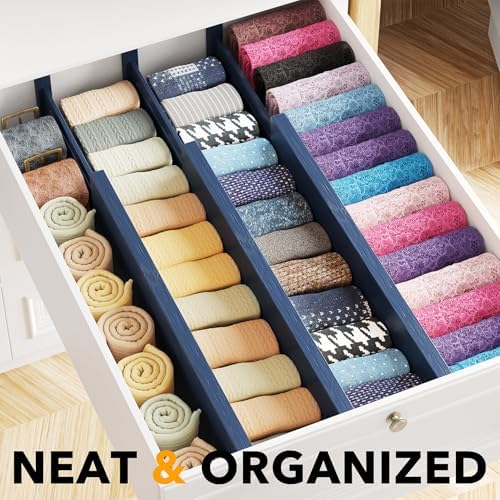 SpaceAid Bamboo Dresser Drawer Dividers 6 Pack, 4.65“ High Adjustable 17“-22” Drawer Organizers, Expandable Organization for Clothing, Clothes, Dressers, Navy Blue - Image 2