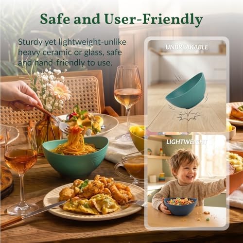 Homienly Wheat Straw Bowls 26 OZ Oval Serving Bowls 6 PCS Unbreakable Plastic Cereal Bowls for Kitchen, Party, Camping, Dorm, RV Bowl Set for Soup, Salad, Snack, Microwave and Dishwasher Safe (Multi) - Image 4