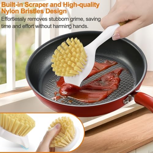 Dish Brush Set with Bamboo Handle, Kitchen Brushes for Cleaning Pot, Sink and Stove, Skillet Scrubber with Tough Bristles for Cast Iron Grill Pan, 2 Pack - Image 4