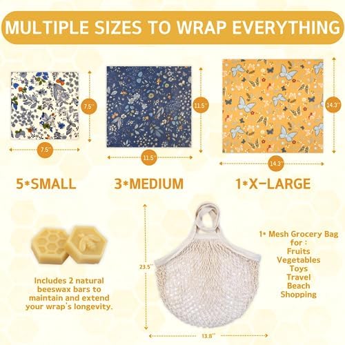 BYTTME Reusable Beeswax Wrap - 9 Pack Beeswax Wraps for Food, Eco-Friendly Beeswax Food Wraps, Bread Sandwich Wrapper - Reusable Food Storage Wrap Set with Flower Butterfly+Mesh Bag - Image 2
