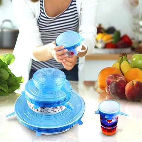 Silicone Stretch Seal Cover, 12 Pcs 6 Size Blue Elastic Silicone Seal Lids for Keeping Food Fresh in Refrigerator and Microwave Oven (blue) - Image 6