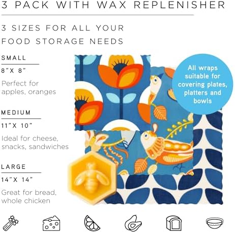 Honeybee Beeswax Wraps - Kitchen Starter Pack with Wax Replenish Block - Certified Organic Cotton Beeswax Wrap - Reusable Beeswax Food Wrap - 3 Pack - Small, Medium & Large - Image 2