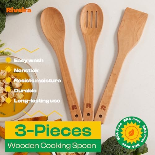 Riveira Cherry Wooden Spoons for Cooking Set of 3 – Natural Cherry Wooden Cooking Utensils, Wooden Spatula, Wooden Spoon - Premium Quality Utensil Set for Non-Toxic Cooking - Image 3