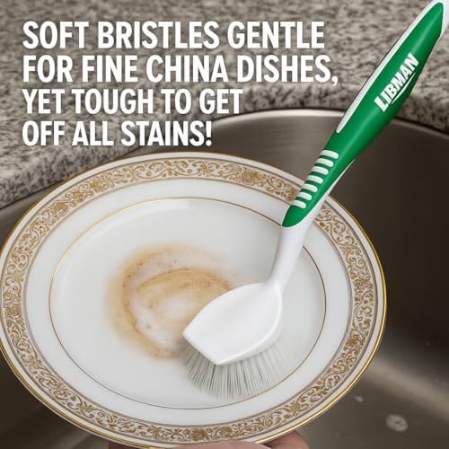 LIBMAN Dish Brush - Soft Bristle Cleaning Brush with Handle - 2 Pk Dish Scrub Brushes with Scraper for Dishwashing Dishes, Pots, Pans, Glassware - Non-Slip Comfort Grip Handle - Image 2