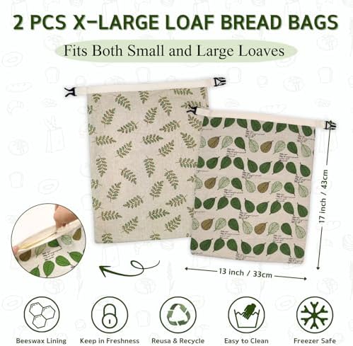 2 Pack Beeswax Bread Bags for Homemade Bread with Zipper, Large 13x17'' Reusable Beeswax Sourdough Bread Storage Bag, Keep Loaves Fresh Longer, Freezer Safe & Airtight, Natural, Zero Waste - Image 2