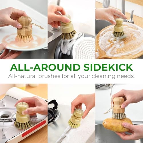 AIRNEX Bamboo Dish Brush Set of 2 - Natural Wooden Dish Scrubber with Sisal & Coconut Bristles - Plastic Free Kitchen Scrub Brush for Dishes, Sink, Pots & Pans - Non Scratch Kitchen Dish Brush - Image 3
