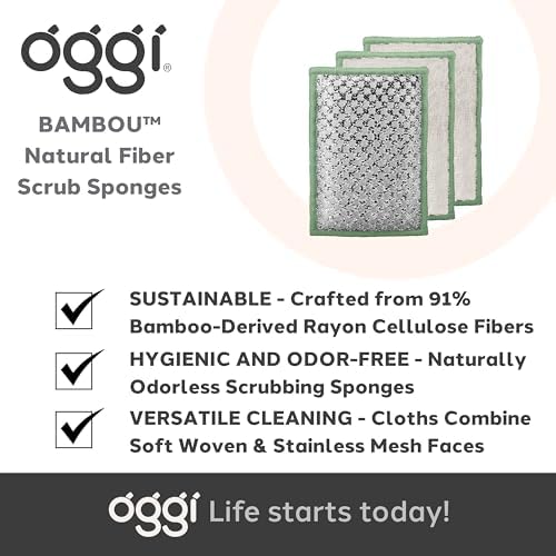 OGGI Bambou Odor-Free Scrubbing Sponges - Natural Scrub Sponges for Dishes, 91% Bamboo-Derived Rayon Cellulose Fiber, Reusable, Absorbent, Durable Scrubbers, Non-Scratch, Washable - 3 pcs, 7x4 - Image 7