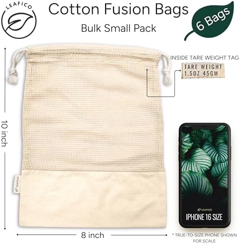 LEAFICO Reusable Produce Bags – 100% Cotton Mesh & Solid Hybrid (Small 8x10 inch 6 Pcs) – Cloth Grocery Bags for Garlic, Nuts, Onions, Bulk Snacks – Washable, Plastic-Free, Breathable, Zero Waste - Image 2
