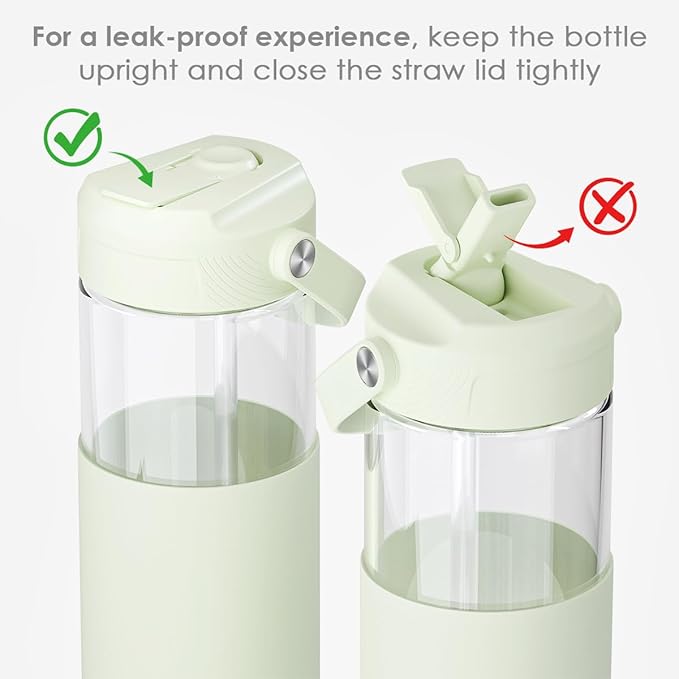 Glass Water Bottle with Silicone Sleeve and Straw Lid 20oz for Girls Women, Glass Drinking Bottles for Travel Home Gym Sports (Pistachio Mist)