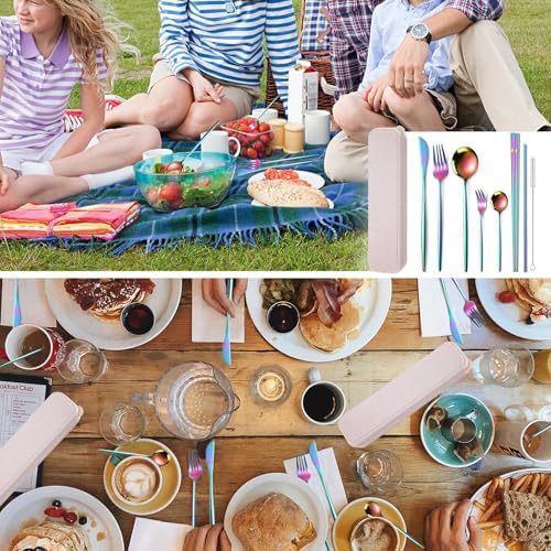 AARAINBOW 8 Pieces Stainless Steel Flatware Set Portable Reusable Cutlery Set Travel Utensils Set Including Chopsticks Knife Fork Spoon Straws Cleaning Brush Dishwasher Safe (Multicolored) - Image 5