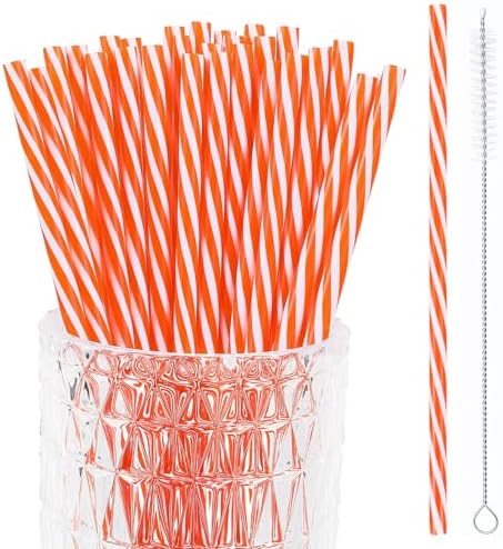 JANYUN 30 Pcs Reusable Orange and White Striped Straws with Cleaning Brush by JANYUN