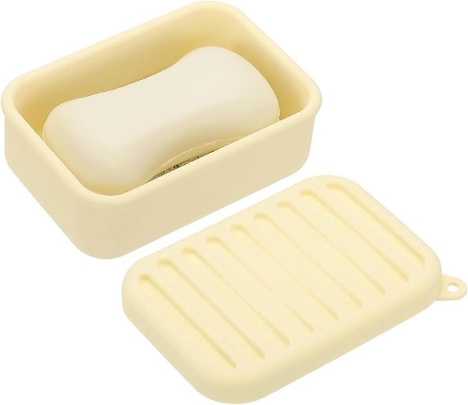 uxcell Shampoo Bar Travel Case, Silicone Leak Proof Soap Bar Case with Draining Layer Soap Container for Traveling, Bathroom, Gym, Camping(4"x2.76"x1.3", Yellow)