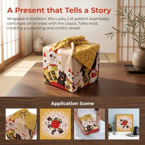 Furoshiki Japanese Wrapping Cloth, Large Size 27.6x27.6 Inch, Reusable Gift Wrap, Eco-Friendly Fabric for Bento Bag, Wine Bottle, Table Decor Washable & Wrinkle Resistant (Lucky Cats, 27.6"x27.6") - Image 2