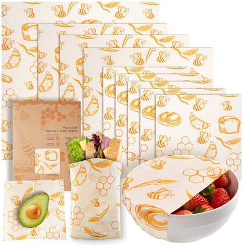 9 Pack Beeswax Wraps for Food – Reusable Beeswax Bread Bag & Sandwich Wrap by AZLTC