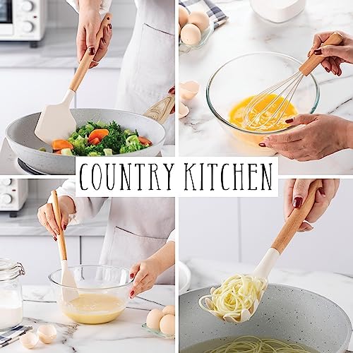 Country Kitchen Non Stick Silicone Utensil Set with Rounded Wood Handles for Cooking and Baking, 38 Piece Set, Khaki - Image 4