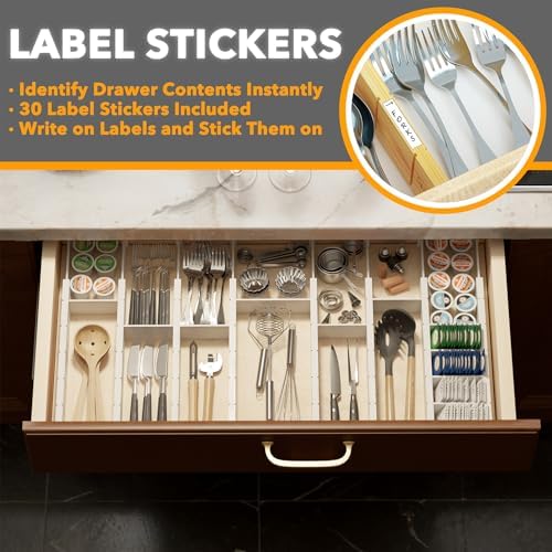 SpaceAid Bamboo Drawer Dividers with Inserts and Labels, Kitchen Adjustable Drawer Organizers, Expandable Organization for Home, Office, Dressers, 10 Dividers with 24 Inserts (17"-22" White) - Image 3