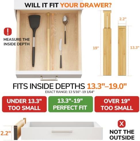 BAMEOS Bamboo Expandable Drawer Dividers – Fits 13.3"–19" Drawers, 2" High, Set of 4 | Spring-Loaded Bamboo Separator for Kitchen Island, Bathroom Vanity & Dresser Drawers - Image 2