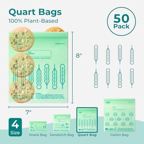 Fit Meal Prep 50 Pack 100% Compostable Food Storage Bags, 7 x 8" Resealable Freezer Bags Quart Size for Meat, Fruits, Plant-Based Sandwich Bag, ASTM D6400, US BPI & EU OK Compost Certified - Image 2