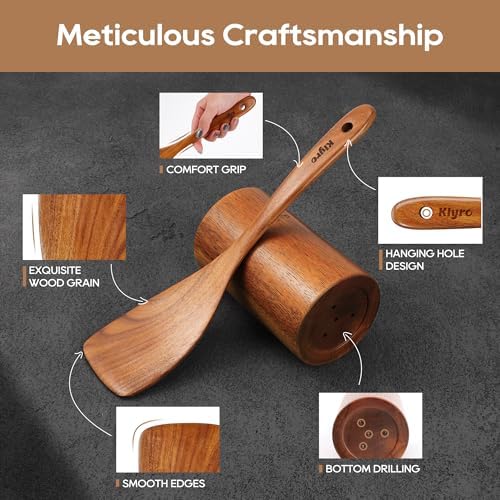 KLYRO Wooden Spoons for Cooking, Nonstick Kitchen Utensils Set with 4 Piece Measuring Spoons, Comfort Grip Wooden Spatula Set, 9 Piece Teak Wooden Cooking Utensils with Holder and Spoon Rest - Image 3