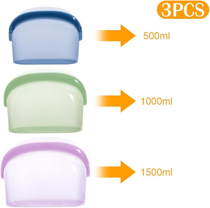 3 Pcs Reusable Silicone sealed Food Storage Bags, Multi-Role Food Storage Bags, Leak Proof, Freezer Safe, Microwave Safe, Dishwasher Safe, Eco-friendly