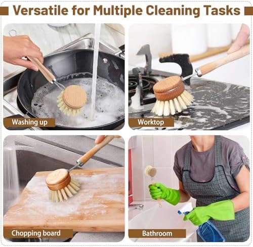 Dish Brush with Handle, Replaceable Natural Bamboo Vegetable Brush with 5 Sisal Brush Heads and Hanging Hook, Multipurpose Kitchen Scrubber for Pots, Pans and Cutting Boards (Natural Wood Colour) - Image 6